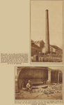 873017 Collage van 2 foto's betreffende de sloop van de schoorsteen van de N.V. Electro-apparatenfabrieken 'systeem ...